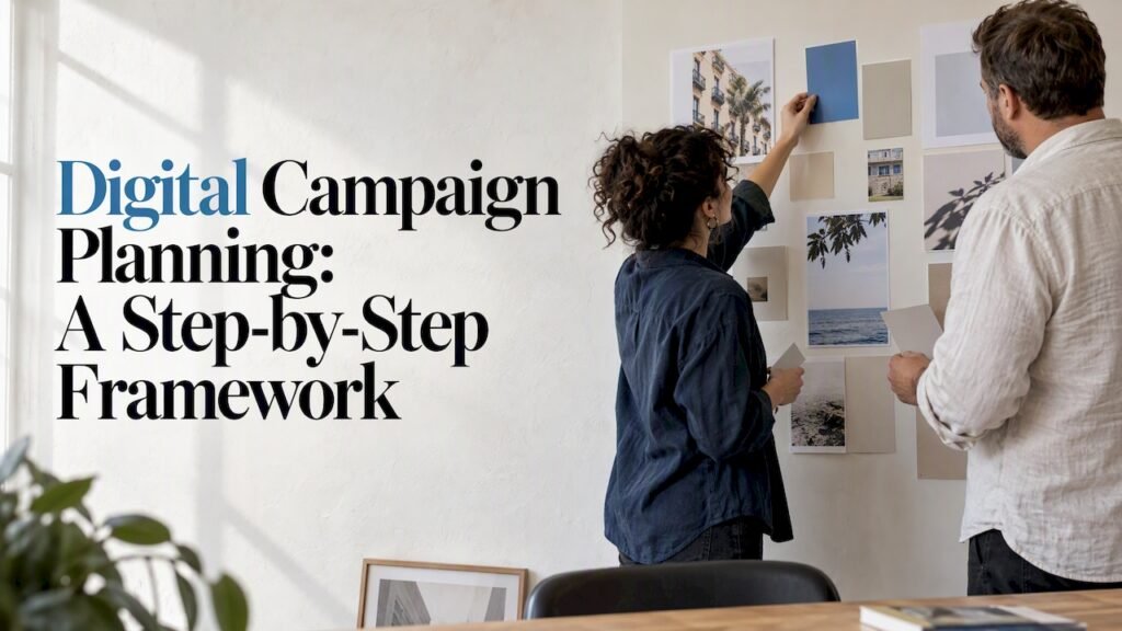 Colleagues mapping campaign priorities at studio wall
