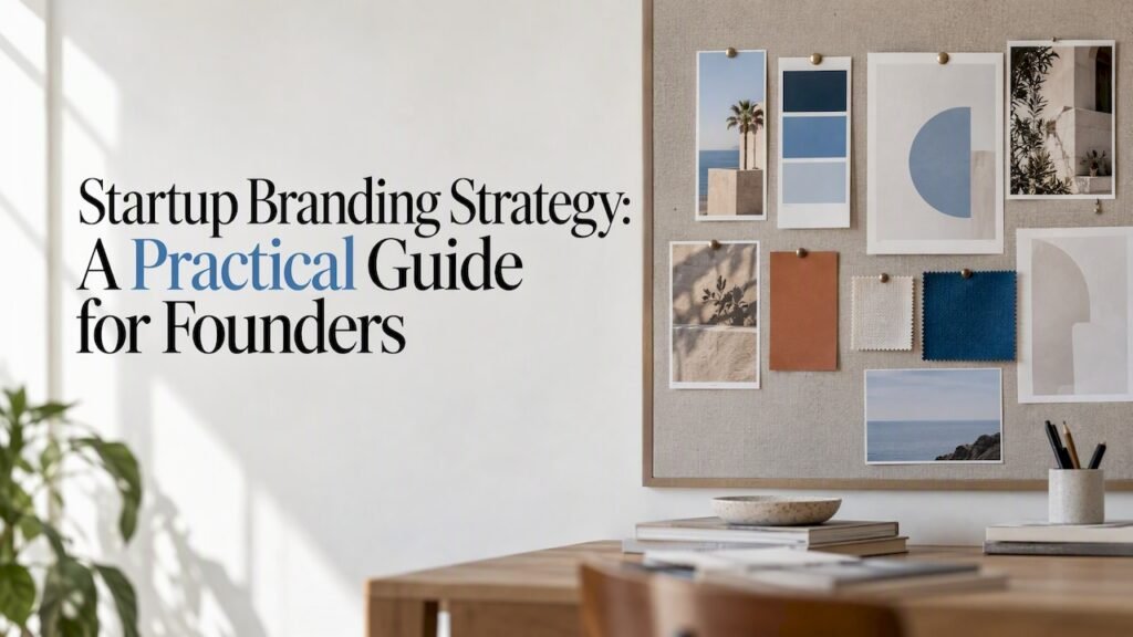 Physical samples from a startup brand identity system